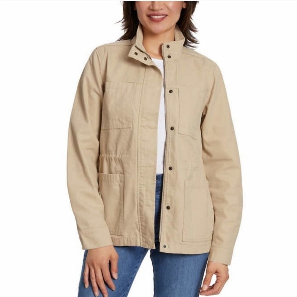 NWT Women's 100% Cotton Canvas Mockneck Anorak Jacket Beige Full Zip